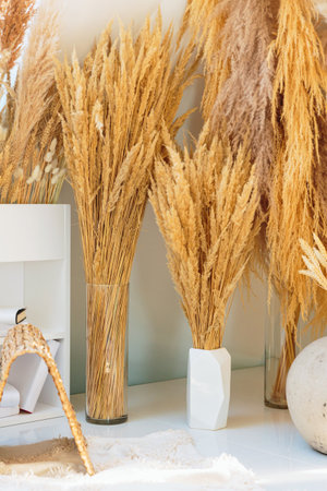 Natural home decor with dried wheat in vasesの写真素材