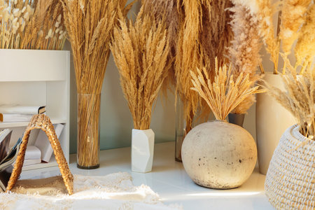 Stylish dried plant arrangement in natural home decorの写真素材