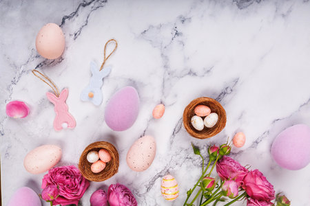 Spring Easter Flat Lay with Flowers and Decorations