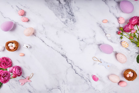 Easter Still Life with Colorful Eggs and Blossomsの写真素材