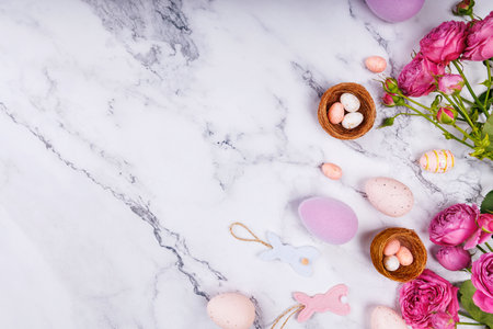 Easter Composition with Roses and Pastel Eggsの写真素材