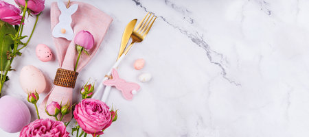 Minimal Easter Flat Lay with Bunny Ornament and Eggsの写真素材
