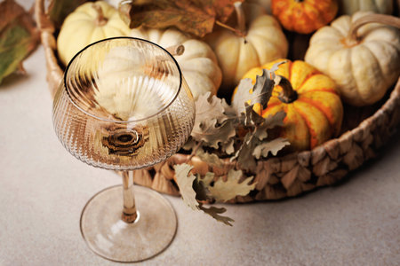 Rustic fall decor with pumpkins and oak leavesの写真素材