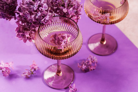 Overhead shot of champagne glass with lilac petals and blossomsの写真素材