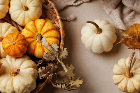 Top view of autumn pumpkins with dry oak leavesの写真素材