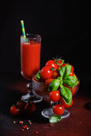 Tomato Juice and Basil with Fresh Tomatoes on Rustic Red Tableの写真素材
