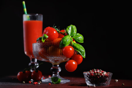 Healthy Tomato Juice and Cherry Tomatoes with Basil on Rustic Tableの写真素材