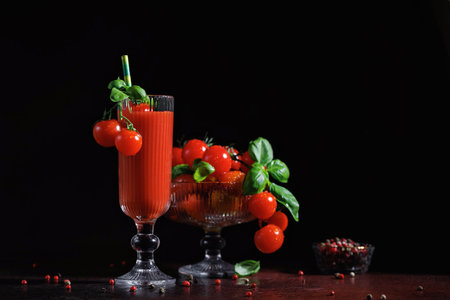 Tomato Cocktail with Basil and Cherry Tomatoes in Glassの写真素材