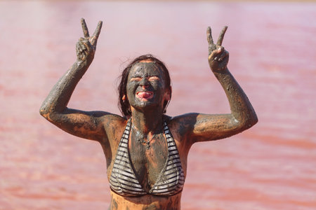 Funny spa moment in pink lake