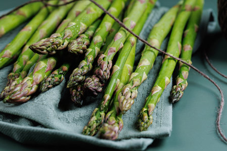 Close-Up of Tied Fresh Asparagus on Kitchen Clothの写真素材