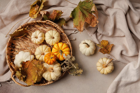 Autumn pumpkin basket with cozy blanket and dry leavesの写真素材