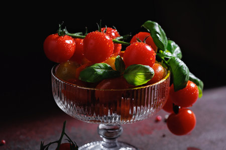 Closeup of cherry tomatoes and basil in vintage crystal bowlの写真素材