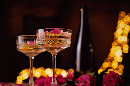 Luxury Champagne and Roses for Romantic Eveningの写真素材