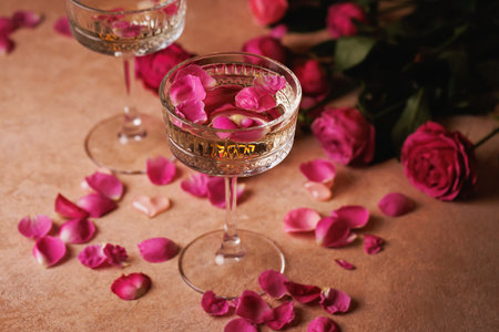 Elegant Glass with Champagne and Flowersの写真素材