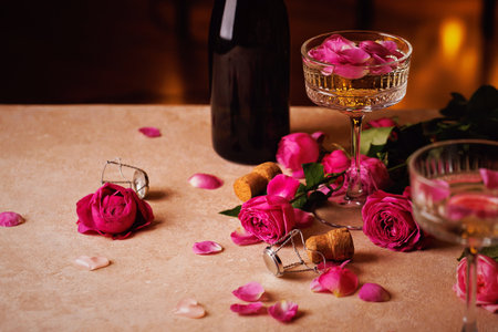 Romantic Champagne Scene with Roses and Corksの写真素材