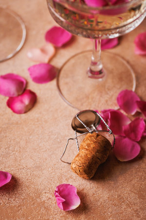 Champagne Cork with Rose Petals and Glass Stem on Tableの写真素材