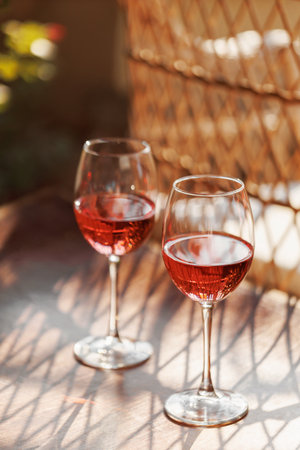 Wine glasses in warm afternoon sunlightの写真素材