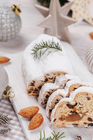 Traditional Stollen Loaf with Festive Ornamentsの写真素材