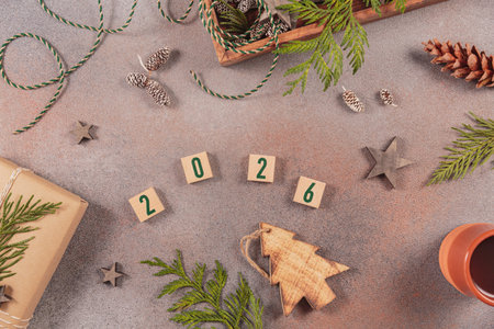 2026 New Year greeting card concept with Christmas decorの写真素材