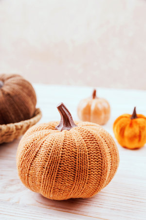Knitted Pumpkin Close-Up on Rustic Backgroundの写真素材