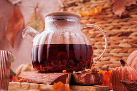 Steaming Glass Teapot with Autumn Fruit Tea Close-Upの写真素材