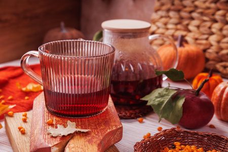 Hot Red Herbal Tea with Autumn Ingredients and Textureの写真素材