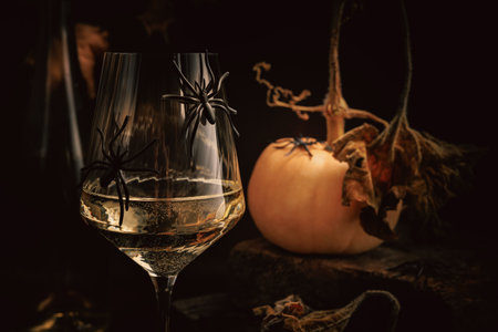 Halloween Themed White Wine Glass and Pumpkinの写真素材