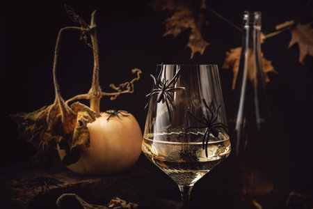 Halloween White Wine Glass with Spiders and Pumpkinの写真素材