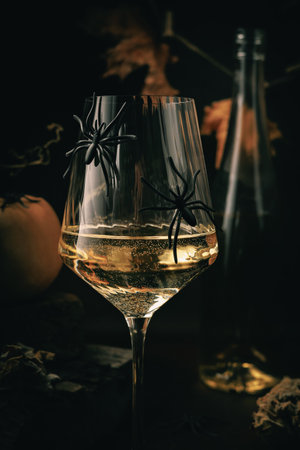 Creepy Wine Glass Close-Up with Spiders and Bottleの写真素材