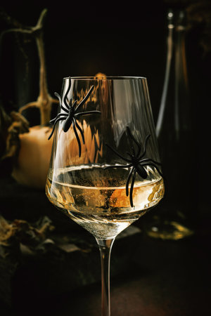 Close-Up of Creepy Spooky Drink with Spider Decorの写真素材