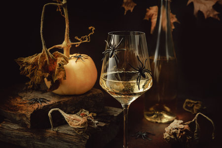 Halloween Still Life with Pumpkin, Wine Glass and Spidersの写真素材