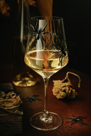 White Wine Glass with Black Spiders on Halloween Tableの写真素材