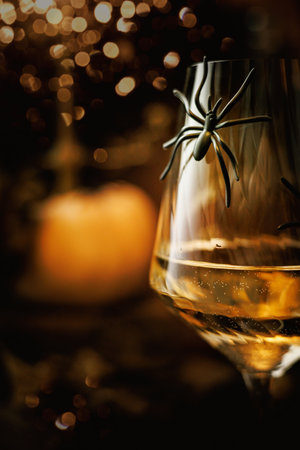Extreme Close-Up of Spider on Halloween Wine Glassの写真素材