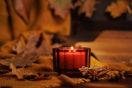 Autumn Candlelight with Spices and Dried Leavesの写真素材