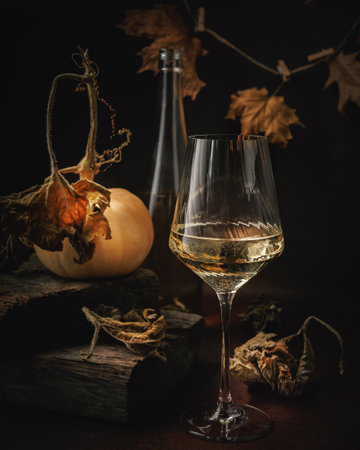 Cozy Thanksgiving Still Life with Wine and Gourdの写真素材