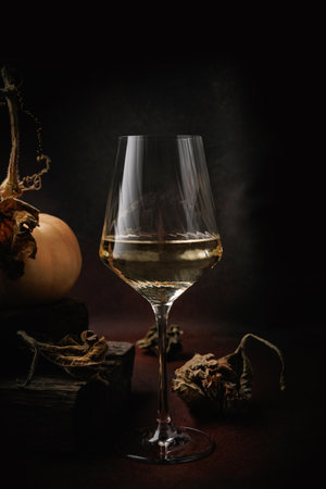 Elegant White Wine in Glass with Seasonal Decorの写真素材