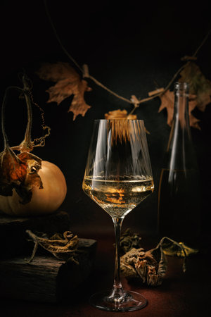 Autumn Wine Glass with Pumpkin and Hanging Leavesの写真素材