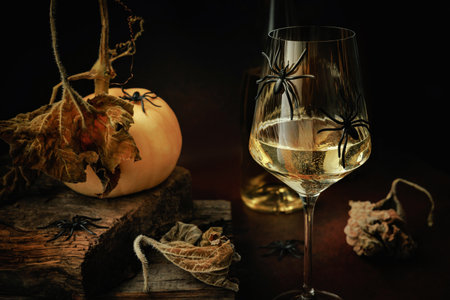 Spooky Autumn Drink with Spiders and Pumpkinの写真素材