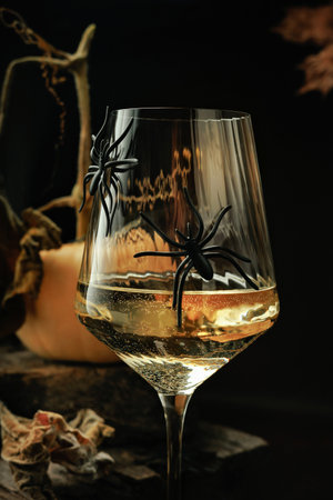 Close-Up of Halloween Wine Glass with Spidersの写真素材