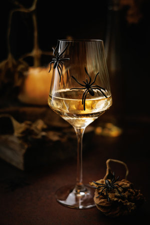 Elegant Autumn Wine Glass with Black Spider Propsの写真素材