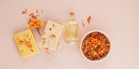 Spa Flatlay with Calendula Soap and Tagetes Flowerの写真素材