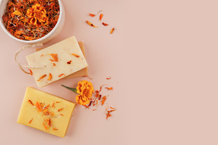 Marigold Soap Bars and Calendula Petals on Beigeの写真素材