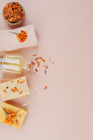 Spa Composition with Tagetes, Towel and Soap Barsの写真素材