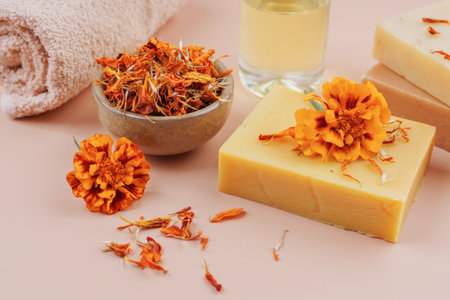 Organic Soap and Calendula in Spa Settingの写真素材