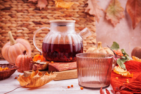 Thanksgiving Still Life with Herbal Tea and Autumn Decorationsの写真素材