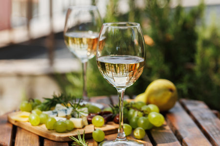 Garden Wine Tasting with White Wine, Grapes, and Cheese Platterの写真素材