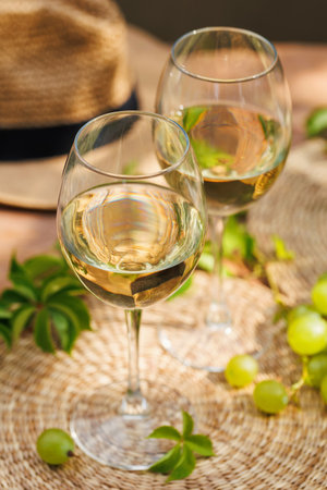 White wine with grapes and summer hat on rustic table..の写真素材