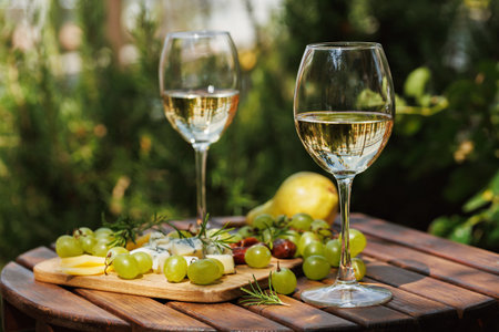 Two glasses of white wine with cheese board on picnic tableの写真素材