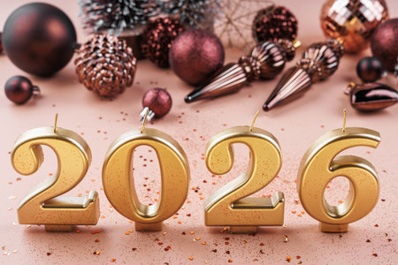 Golden 2026 Numbers Surrounded by Holiday Ornaments