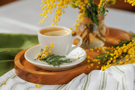 White coffee cup with mimosa flowers in spring light
